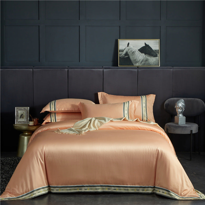 Ensemble de quatre pièces de draps rayés en satin de soie lavé, couleur unie, soie glacée Jane Ou Silk Slippery Bed Linen