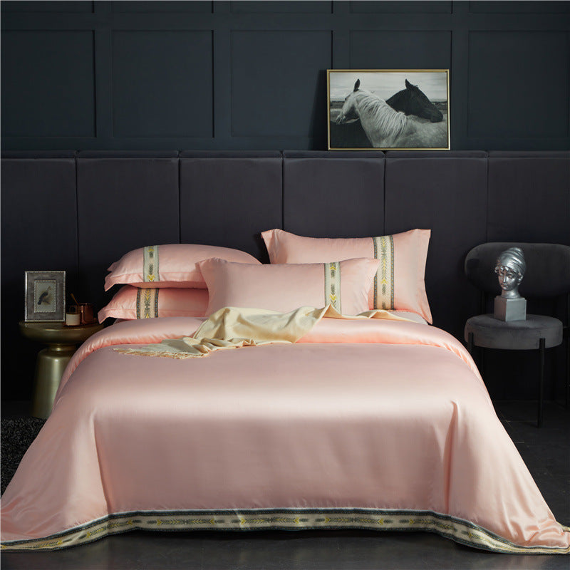 Four-piece Set Of Washed Silk Satin Striped Sheets, Solid Color Ice Silk Jane Ou Silk Slippery Bed Linen