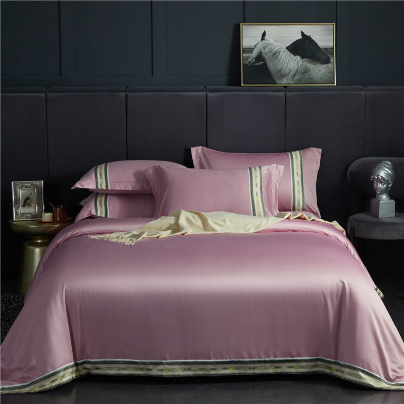 Ensemble de quatre pièces de draps rayés en satin de soie lavé, couleur unie, soie glacée Jane Ou Silk Slippery Bed Linen