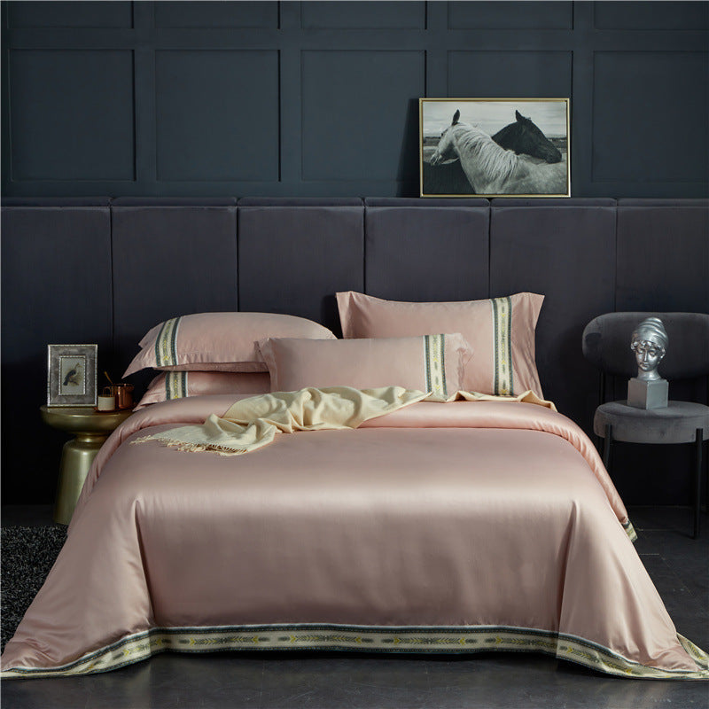 Ensemble de quatre pièces de draps rayés en satin de soie lavé, couleur unie, soie glacée Jane Ou Silk Slippery Bed Linen