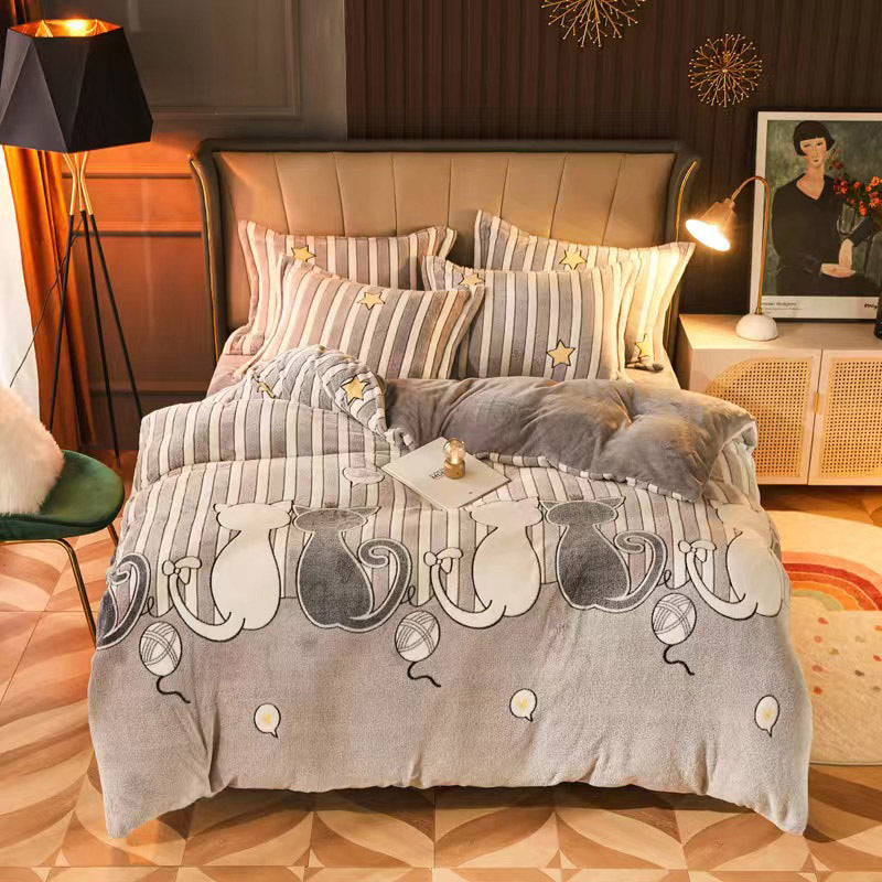 Thicken Carved Velvet Warm Four-piece Crystal Velvet Bed Sheet Flannel Blanket Snow Fleece