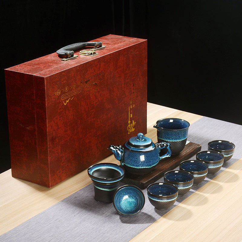 Coffret cadeau de service à thé Jianzhan du four Tianmu Jun avec épée sautante