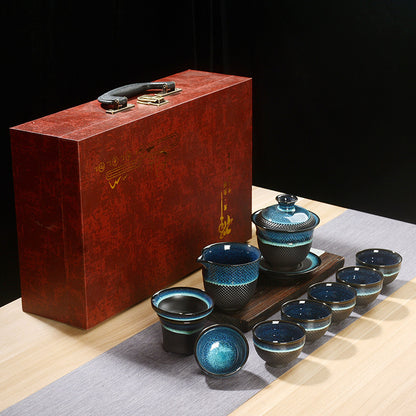 Coffret cadeau de service à thé Jianzhan du four Tianmu Jun avec épée sautante