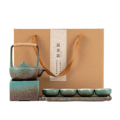 Stoneware Japanese Kung Fu Tea Set, One Pot, Four Cups With Dry Tea Tray, Tea Maker, Warm Tea Gift Box Set