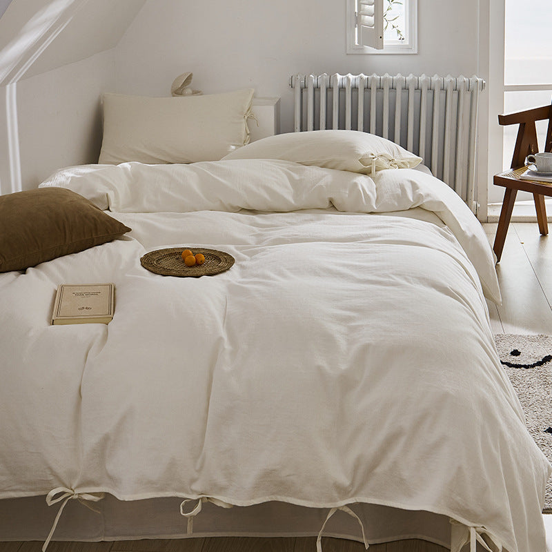 Ensemble quatre pièces en pur coton, housse de couette et drap de lit en coton blanc