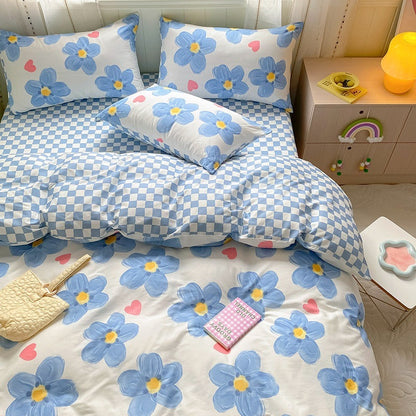 Housse de couette imprimée pour fille de dessin animé, drap de lit en coton quatre pièces