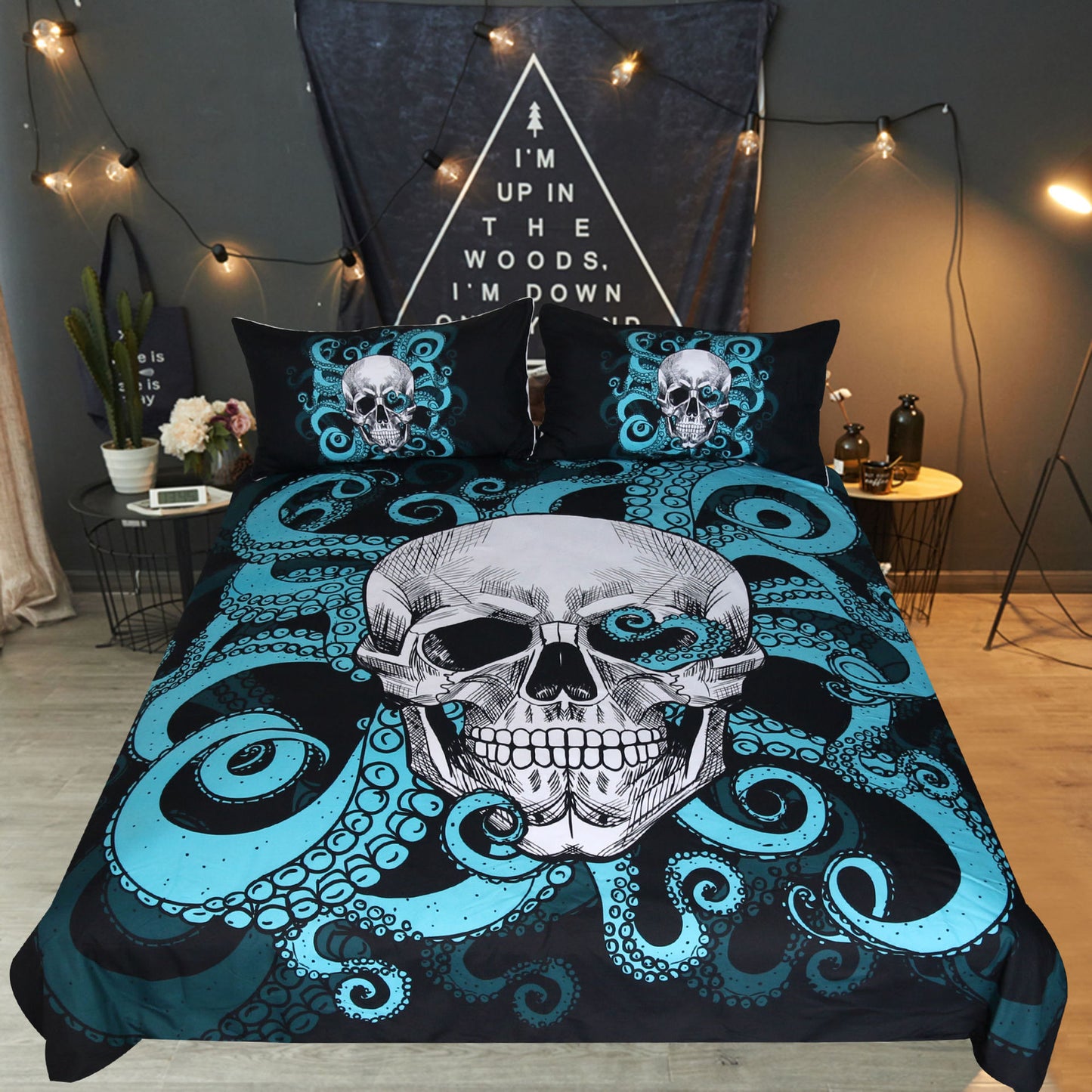 Juego de cama de tres piezas con funda de edredón y calavera de pulpo