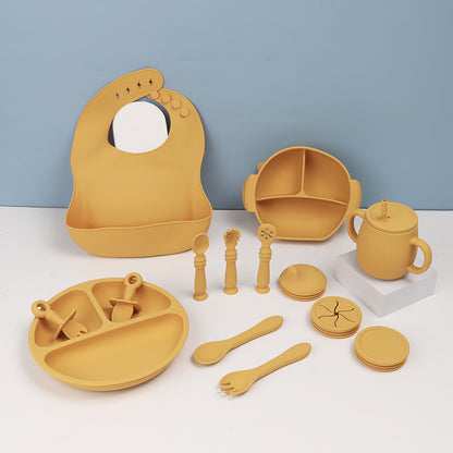 Ensemble de vaisselle en silicone pour enfants, alimentation pour bébé, vaisselle solide, bavoir, bol à ventouse, cuillère, assiette, bavoir, ensemble de 15 pièces