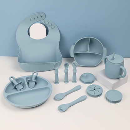 Ensemble de vaisselle en silicone pour enfants, alimentation pour bébé, vaisselle solide, bavoir, bol à ventouse, cuillère, assiette, bavoir, ensemble de 15 pièces