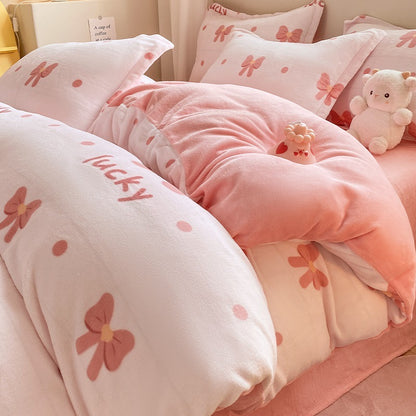 Housse de couette en velours corail quatre pièces pour lit en fibre de lait épaississant pour l'hiver, drap de lit double face, literie trois pièces