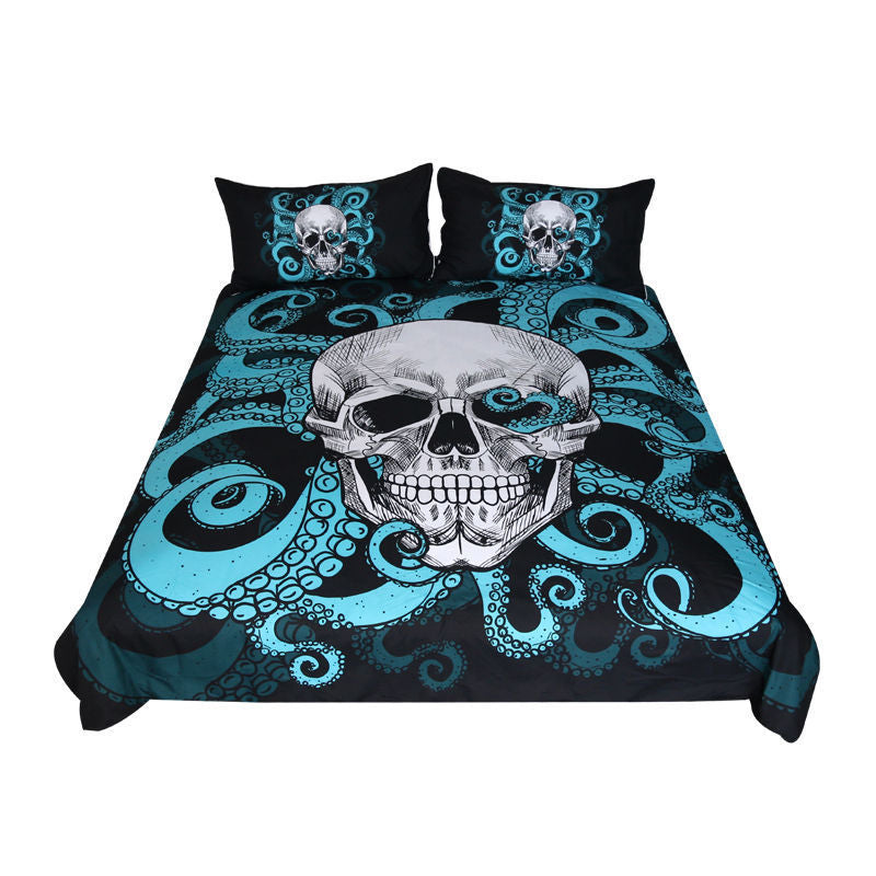 Juego de cama de tres piezas con funda de edredón y calavera de pulpo