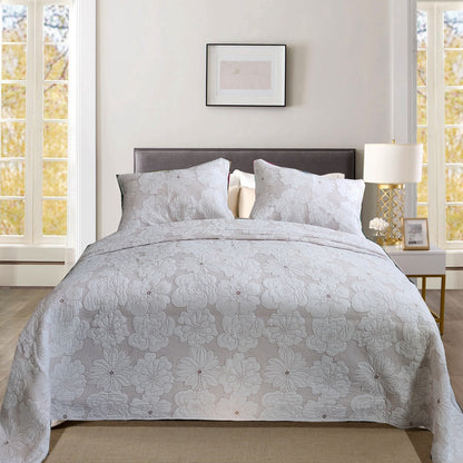 Parure de lit trois pièces en coton épais avec broderie camélia blanc beige pur