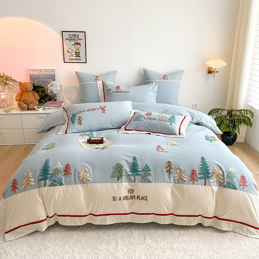 Toalla tridimensional bordada de algodón puro de cuatro piezas con estilo de dibujos animados, ropa de cama infantil de algodón grueso para otoño e invierno al por mayor