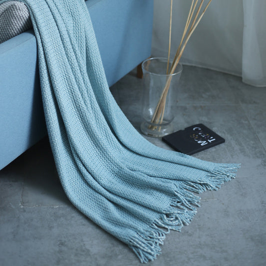 Solid Color Knitted Fringed Wool Sofa Blanket