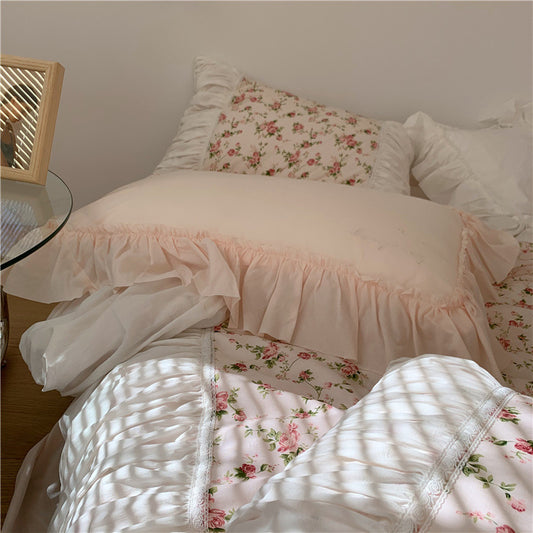 Juego de cama de cuatro piezas de algodón puro con diseño floral romántico francés retro de Anna's Rose Garden de 15 piezas