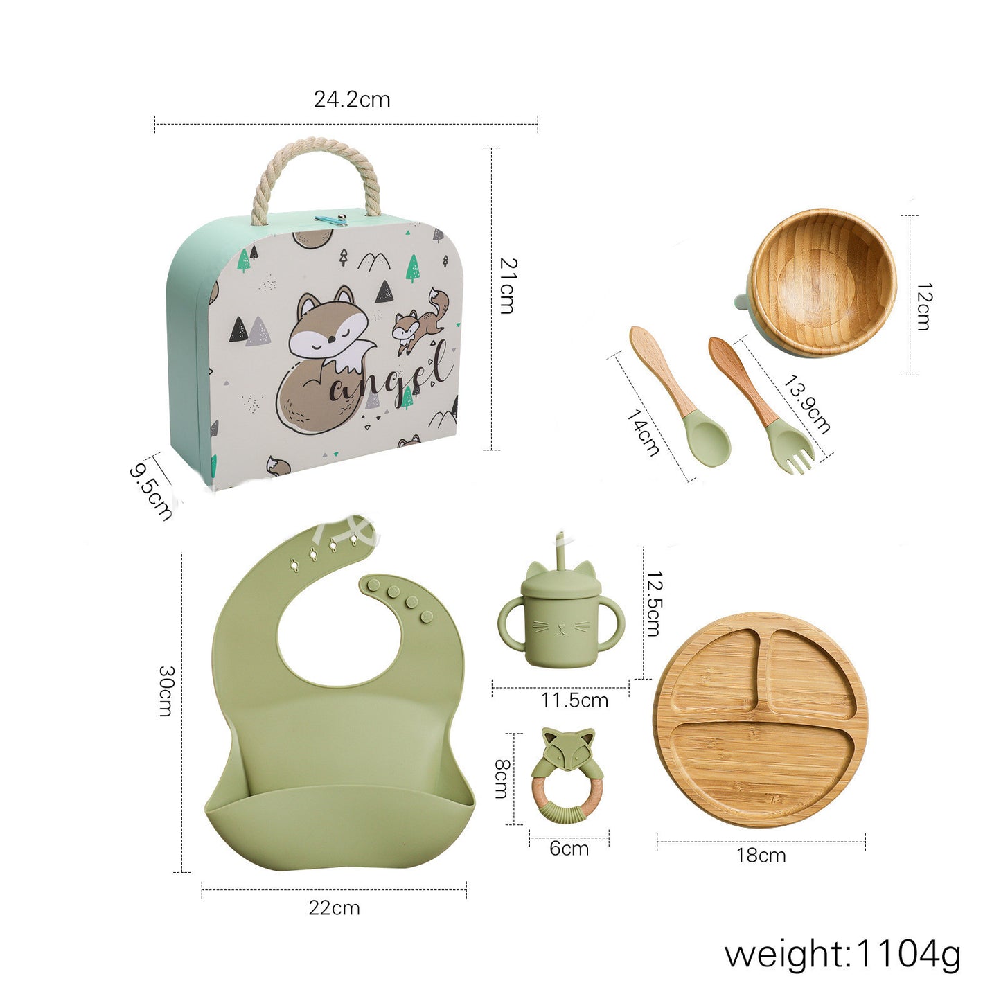 Vaisselle complémentaire pour bébé avec bavoir en silicone, assiette à dîner, paille, tasse, fourchette, cuillère