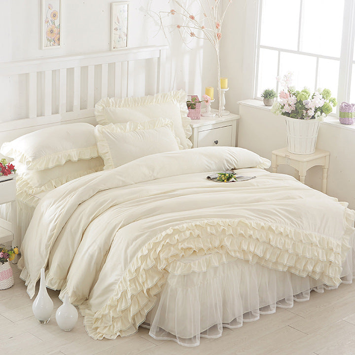 Princess Lace Bed Skirt-style Bedspread Style Four-piece Solid Color Lace