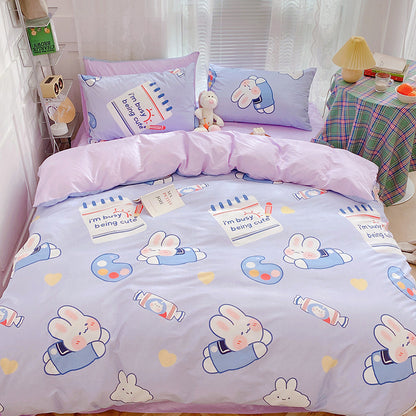 Ensemble de quatre pièces en coton pour fille, housse de couette en pur coton et lin avec motif de cœur et dessin animé