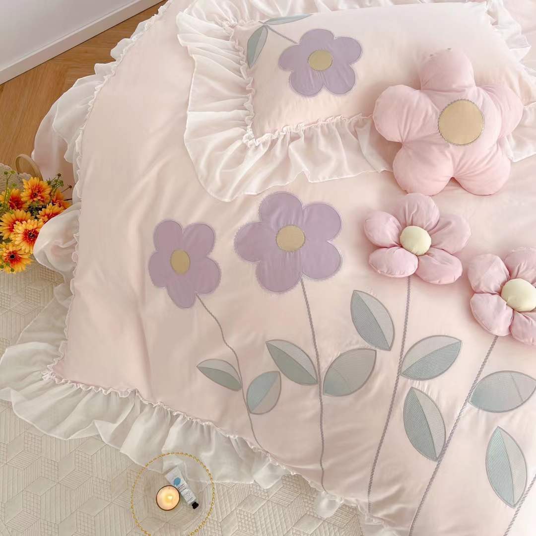 Cotton Four Piece Floral Three-dimensional Embroidery Quilt Cover Bed Sheet