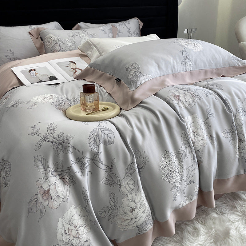 Housse de couette quatre pièces en fibre de lyocell à motif de fleurs et de plantes