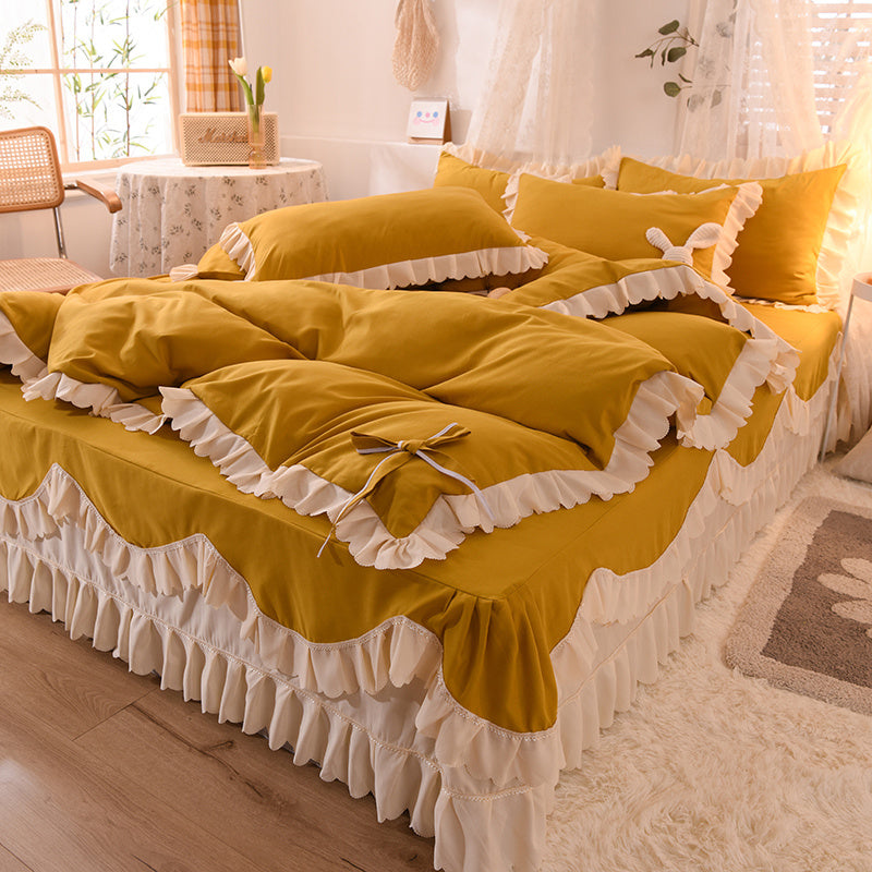 Sábana de lujo ligera para cama de matrimonio con encaje de hojas de loto, estilo princesa para dormir, de cuatro piezas, con falda de cama, color liso para niña