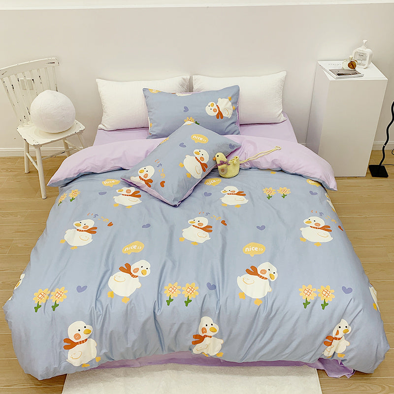 Ensemble de quatre pièces en coton pour fille, housse de couette en pur coton et lin avec motif de cœur et dessin animé