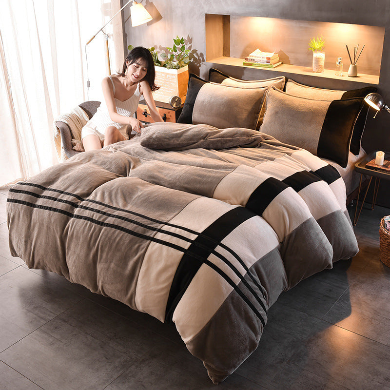 Four-piece Set Of Thickened Color Matching Striped French Velvet Sheets For Autumn And Winter