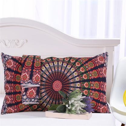 Juego de cama con edredón bohemio con flores rojas y blancas de cuatro piezas