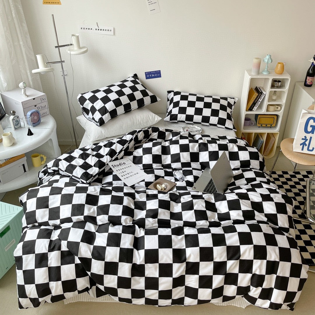 Cotton Checkerboard Bed Set Of Four Pieces