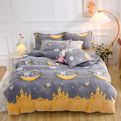 Four-piece Set Of Printed Thick Warm Coral Fleece Sheets