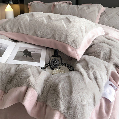 A Four Piece Set Of Rabbit Hair And Milk Velvet Duvet Cover On A Baby Plush Bed