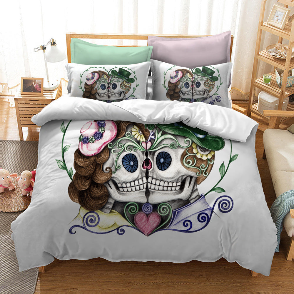 Serie de ropa de cama con diseño de calaveras y flores de acuarela