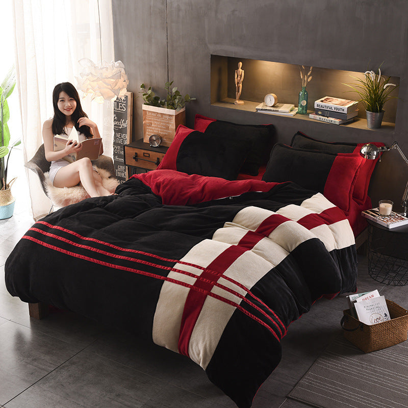 Four-piece Set Of Thickened Color Matching Striped French Velvet Sheets For Autumn And Winter