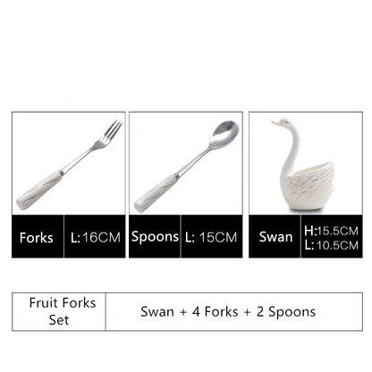 Ceramic Swan Stand Holder Fruit Forks kitchen Cutlery Cake Dessert Fork Spoon Set