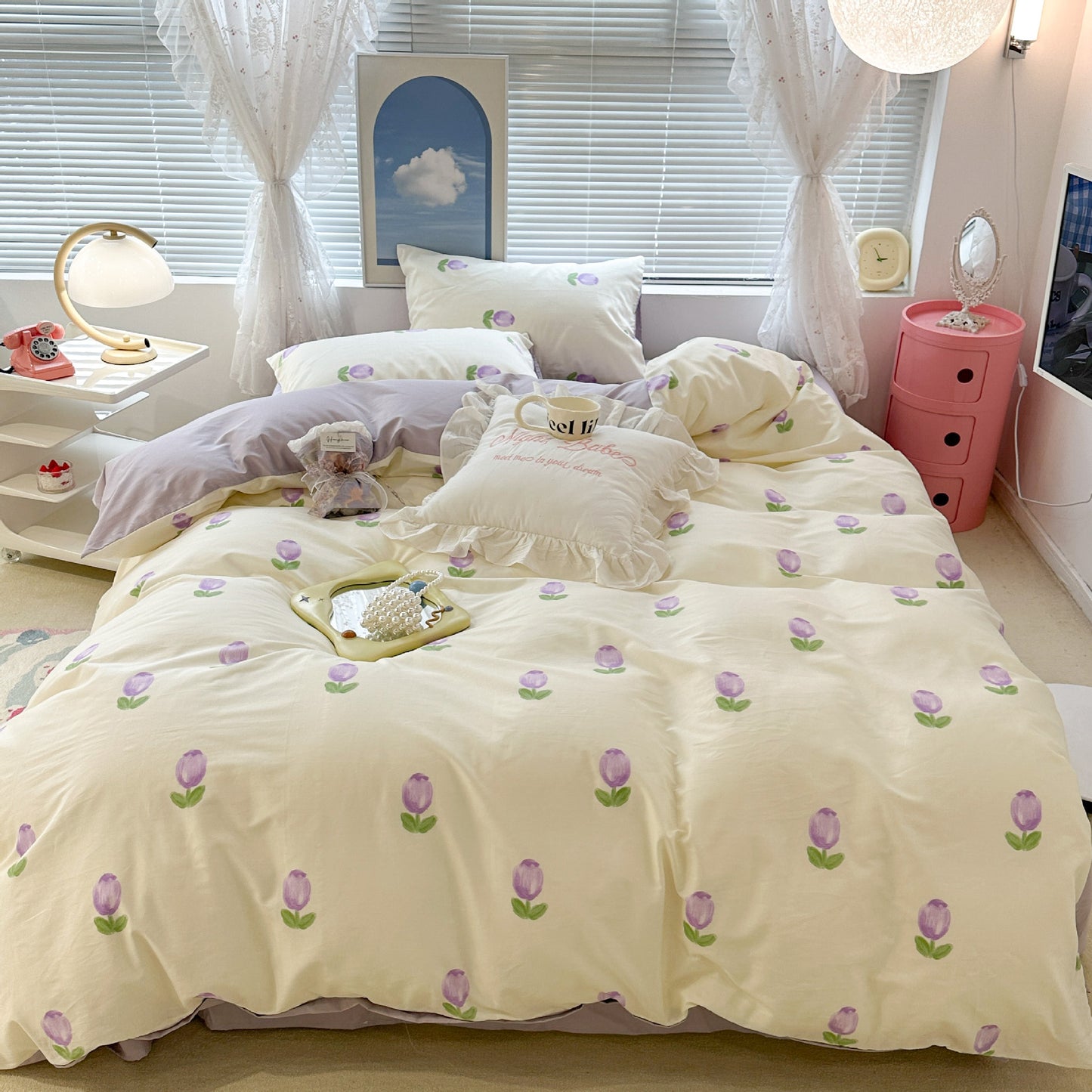 Ensemble de quatre pièces en coton à motif de lapin floral mignon Ensemble de trois pièces en coton pastoral avec housse de couette et drap de lit