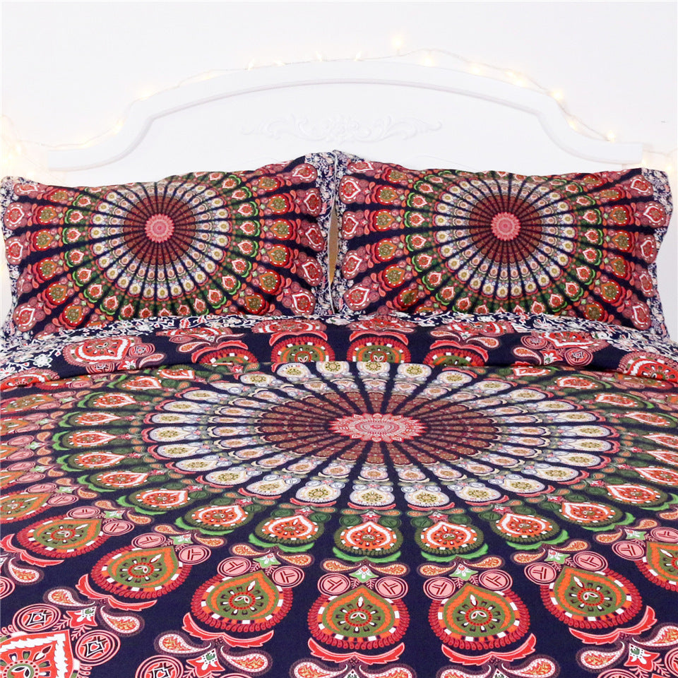 Red and white floral boho quilt bedding set of four