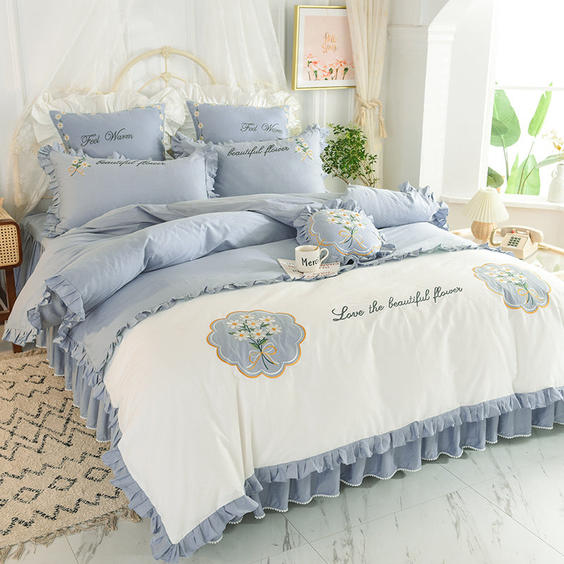 Summer Ruffled Cotton Four-piece Set Girl Heart Embroidery Flower Quilt Cover