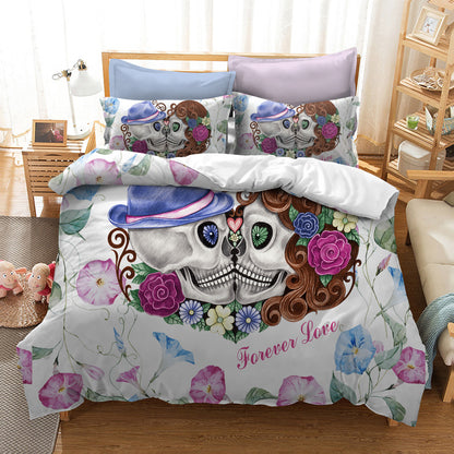 Serie de ropa de cama con diseño de calaveras y flores de acuarela