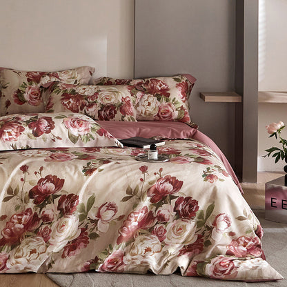 Juego de cama de cuatro piezas con estampado digital de tencel y flores