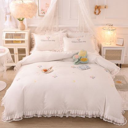 Summer Ruffled Cotton Four-piece Set Girl Heart Embroidery Flower Quilt Cover