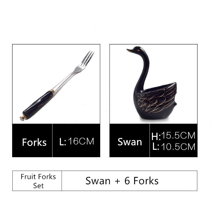 Ceramic Swan Stand Holder Fruit Forks kitchen Cutlery Cake Dessert Fork Spoon Set