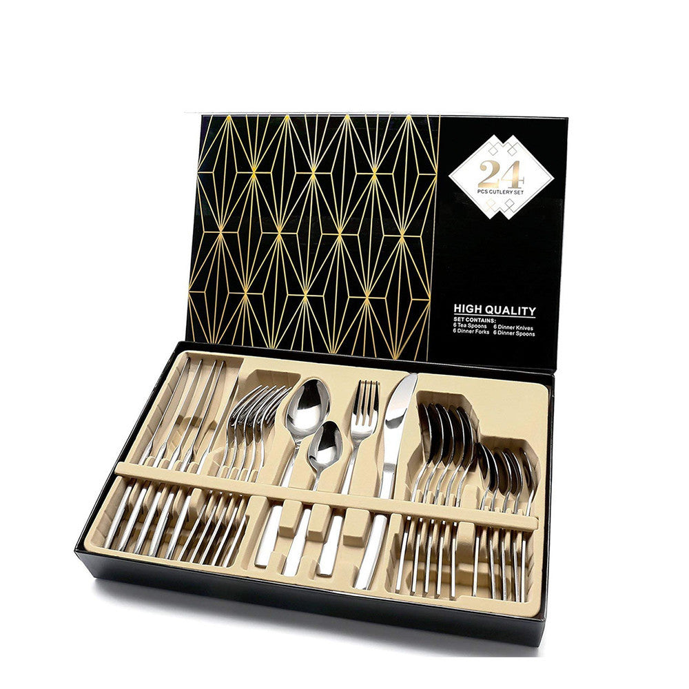 24 PCS Flatware Set Cutlery Dinnerware Spoon Knives Gift Box