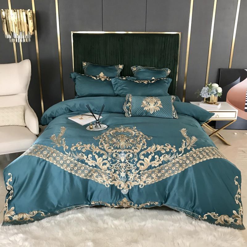 Parure de lit et housse de couette en coton Tencel brodée en quatre pièces