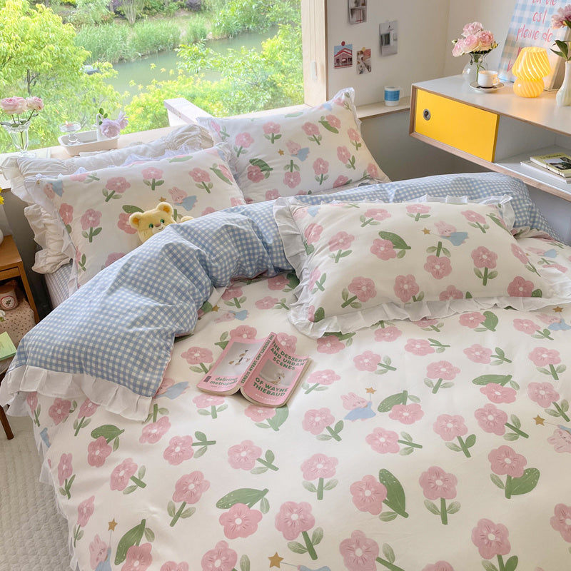 Cama de cuatro piezas estilo princesa de algodón con diseño floral pequeño