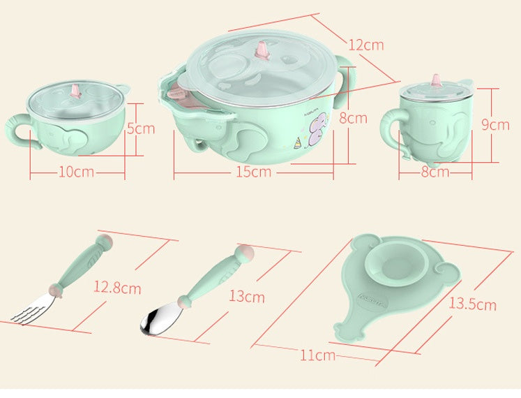 Children's stainless steel cutlery set baby sucker anti-fall bowl complementary food bowl spoon baby water injection insulation bowl