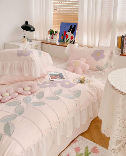 Cotton Four Piece Floral Three-dimensional Embroidery Quilt Cover Bed Sheet