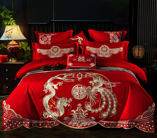 Conjunto de cuatro piezas para boda roja, venta al por mayor, ropa de cama bordada de algodón puro para boda, edredón Xi para cama de matrimonio, dragón y fénix