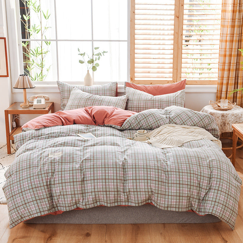 Parure de lit à carreaux en coton lavable et doux pour la peau, quatre pièces