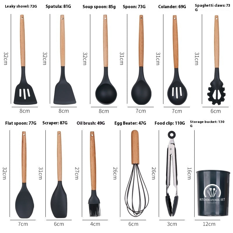 Juego de 11 utensilios de cocina de silicona con mango de madera, sartén antiadherente, cuchara y pala para cocinar