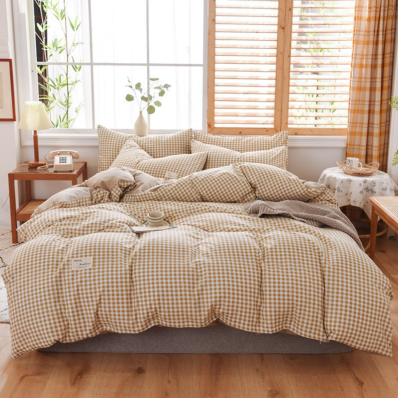 Parure de lit à carreaux en coton lavable et doux pour la peau, quatre pièces